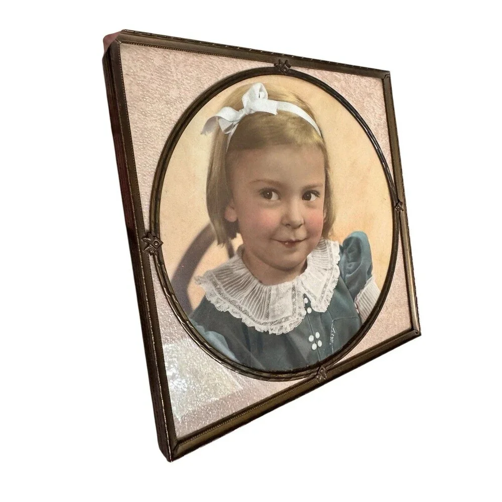 Antique Brass Picture Frame Art Deco Pretty LittleGirl Original Photo Felt Back